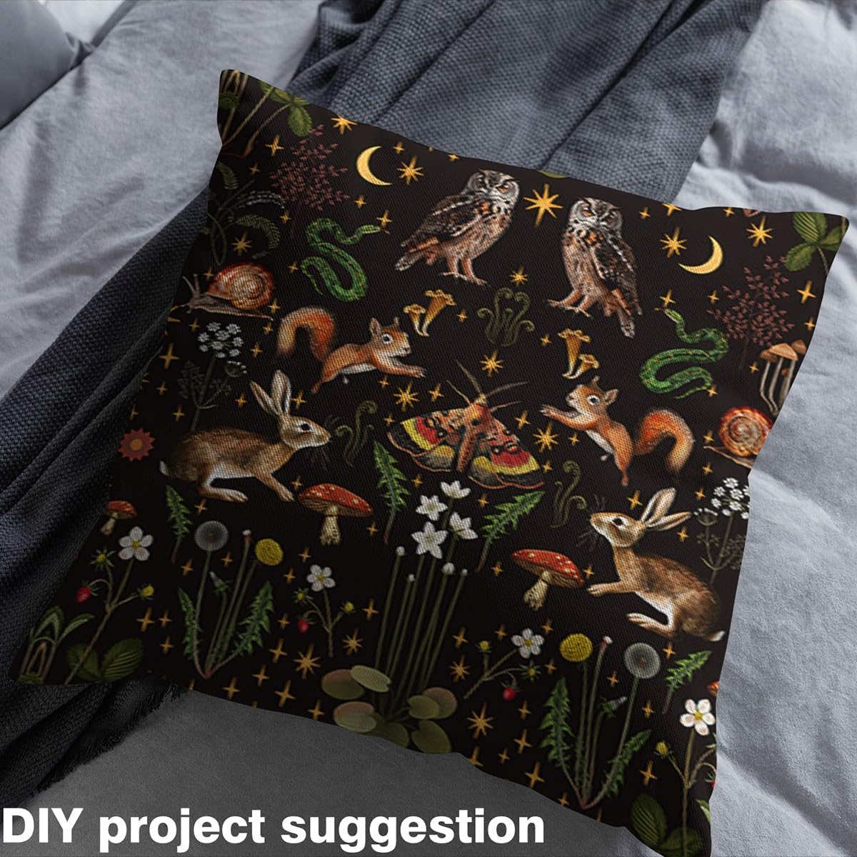Cute Rabbit Owl Upholstery Fabric by The Yard, Trippy Moth Snake Wild Animal, Mushroom Botanical Jungle Plants, Glitter Stars Moon Fabric for Kids Sewing DIY, 3 Yards