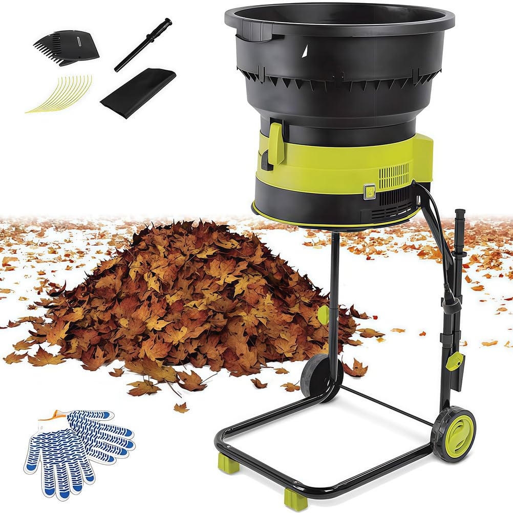 Trituradora eléctrica de hojas con ruedas y bolsa de almacenamiento, tolva de 54 cm para compostar agujas de pino, paja y desechos de jardín, duradera y eficiente
