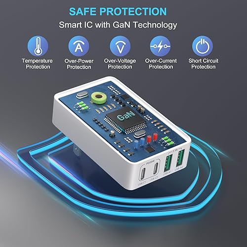 Miniatura 6 de OKRAY Cargador de pared USB-C plano con cable USB-C, delgado de 40 W, 4 puertos QC+PD3.0, bloque de carga rápida, enchufe plegable, multipuerto tipo