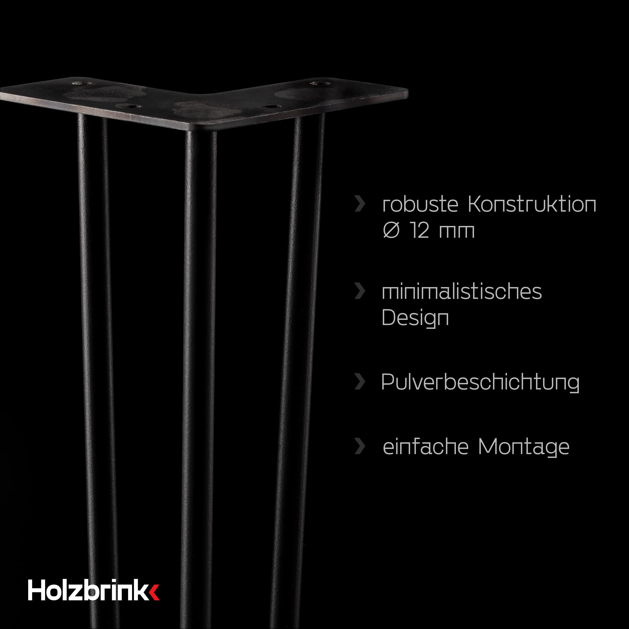 HOLZBRINK 4x gamba da tavolo in metallo con 3 aste Hairpin,Gamba con asta tripla per mobili, tavolo, 72 cm, Nero Intenso, HLT-13A-72-9005