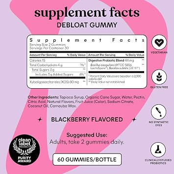 Lemme Debloat - Digestive & Gut Health Gummies with 2 Clinically Studied Probiotics & Prebiotic, Vegetarian, Gluten Free, Non GMO, BlackBerry Flavor (60 Count)