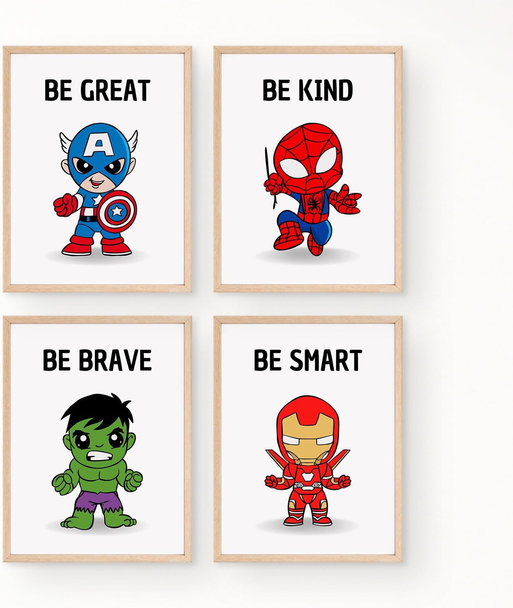Superhero Wall Art for Boys - Set of 4 Prints with Positive Affirmations - Be Kind, Be Brave, Be Smart, Be You - Playroom Decor and Superheroes Decoration (A3)