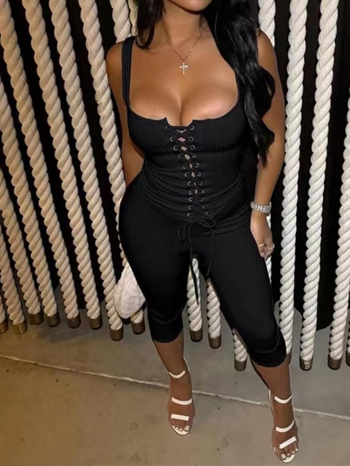 2 Piece Sets for Women Summer Ribbed Knit Hollow Tie Down Tank Top and Capri Legging Bodycon Set Jumpsuits - Image 2