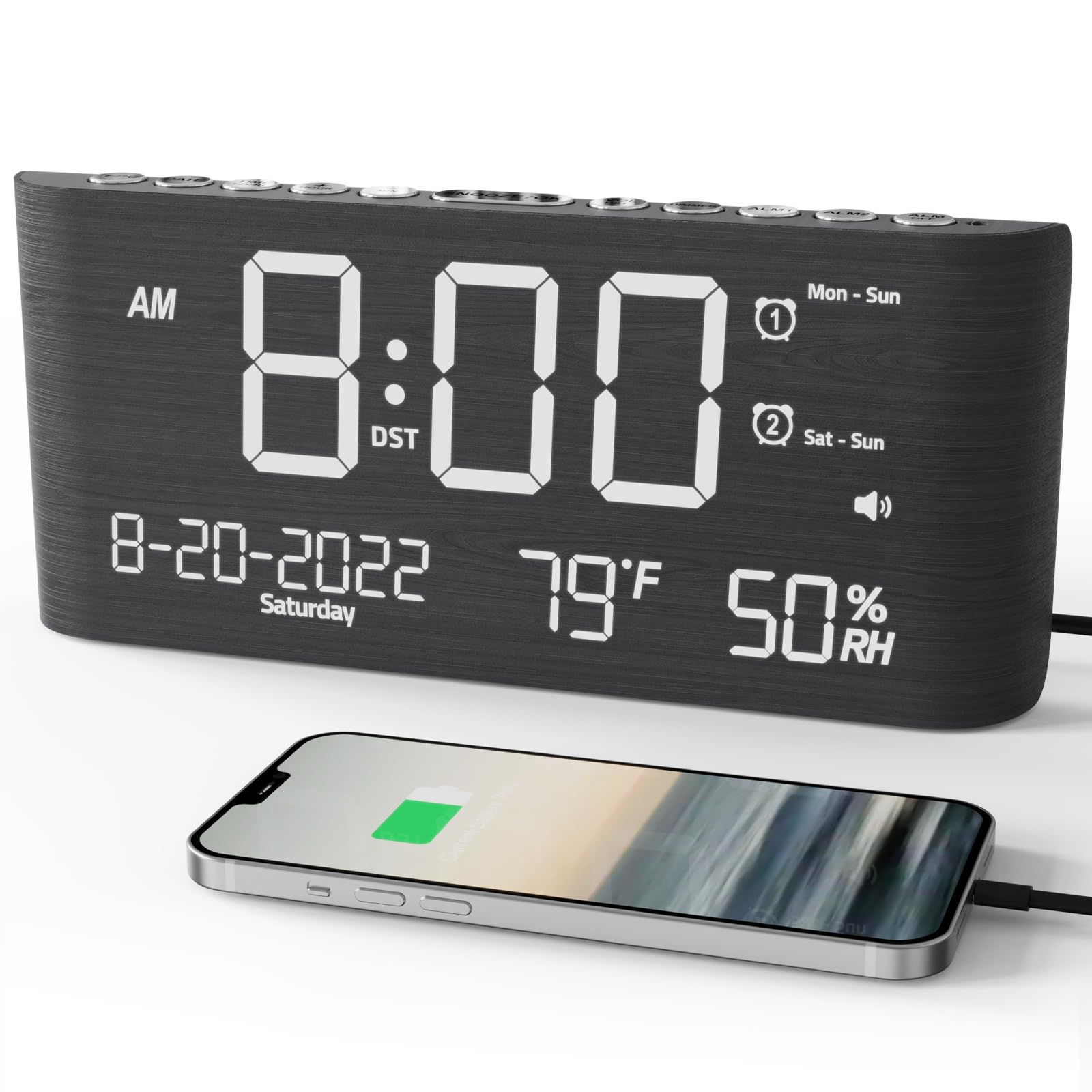 Raynic Alarm Clock 8 7 Inch Digital Clock Alarm Clock with USB and Type-C Charger Dual Alarms Temperature