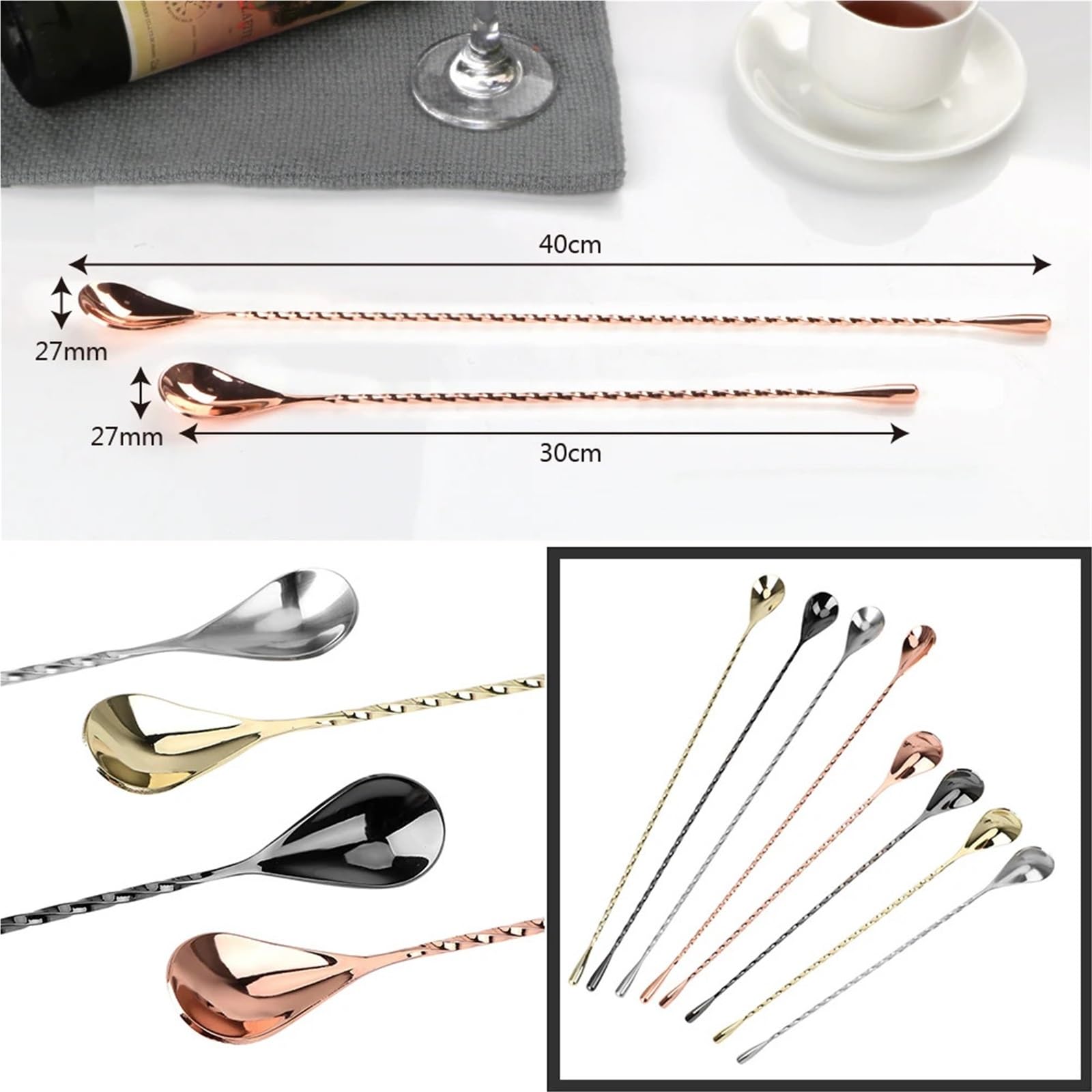 Cucchiaio da bar in acciaio inox da 30/40 cm, a goccia, per mescolare cocktail a forma di goccia, per mescolare bevande a strati