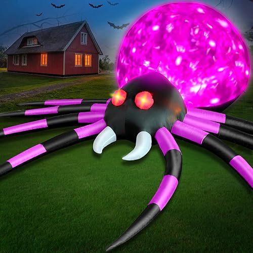 Araña inflable de Halloween de 10 pies para decoración al aire libre para patio, araña grande morada con llama giratoria LED, araña gigante de
