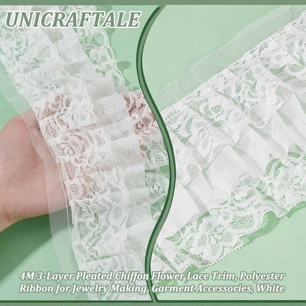 UNICRAFTALE 4.37 Yards 3 Strati Plissed Organza Bordo in Pizzo 4 Pollici Increspato Volant Nastro in chiffon Bordo Bianco Piegato Tessuto Per Cucire Tessuti Appliques Ricamati Matrimoni