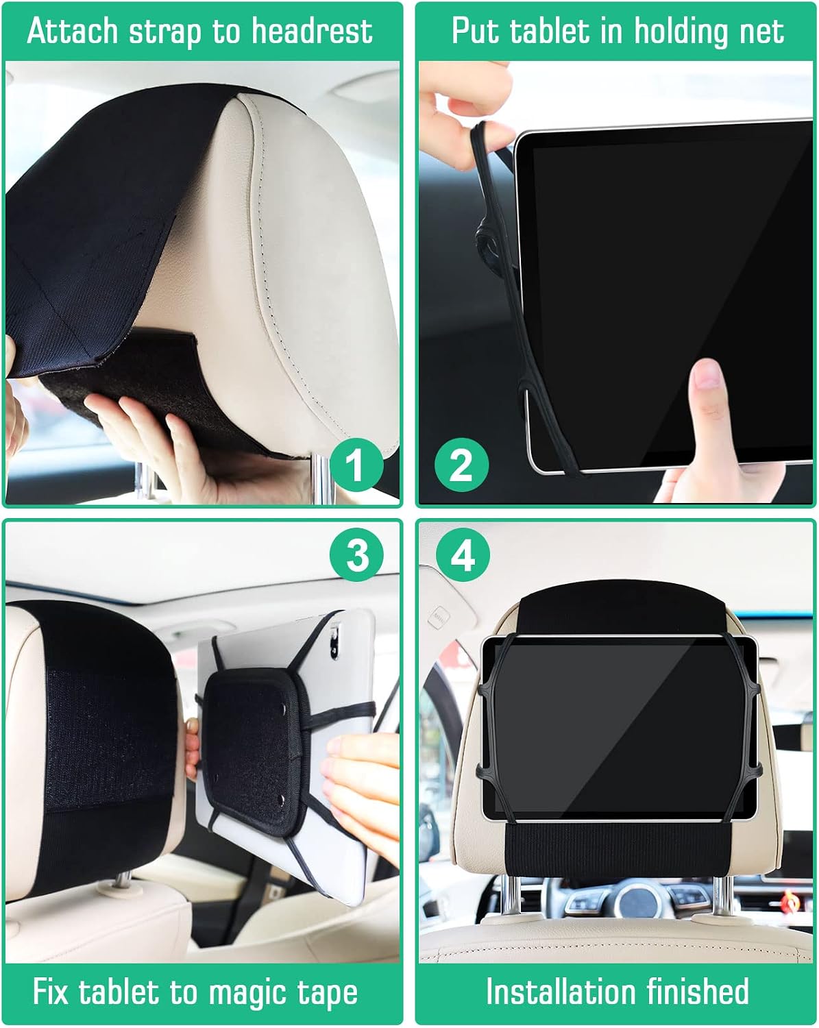 WONNIE 2 Pack Car Headrest Mount Holder for ๐-๐๐.๐" Tablets, Tablet Holder for Car Back Seat, Tablet Stand for Kids with Silicone Holding Net and Headrest Strap