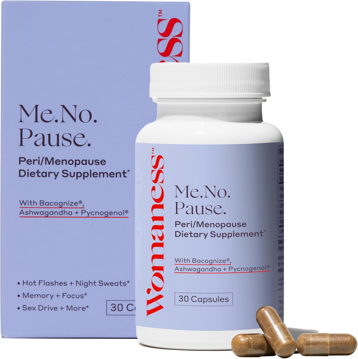 Womaness Menopause Supplements for Women - Perimenopause & Menopause Hotflashes Relief, Night Sweats, Vaginal Dryness, Brain Fog & Mood Support - Hormone & Estrogen-Free - 30 Capsules Womaness Menopause Supplements for Women - Menopause Relief for Hot Flashes & Night Sweats With Bacognize for Memory + Ashwagandha for Mood & Vaginal Dryness - Hormone & Estrogen-free (30 Capsules)