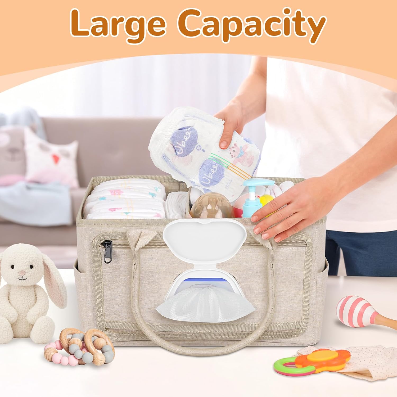 Volnamal Diaper Caddy with Wipe Dispenser One-Handed Access, Premium Diaper Organizer, Portable Car Organizer Nursery Basket for Newborn Essentials, Baby Registry Must Haves for Boys & Girls, Beige