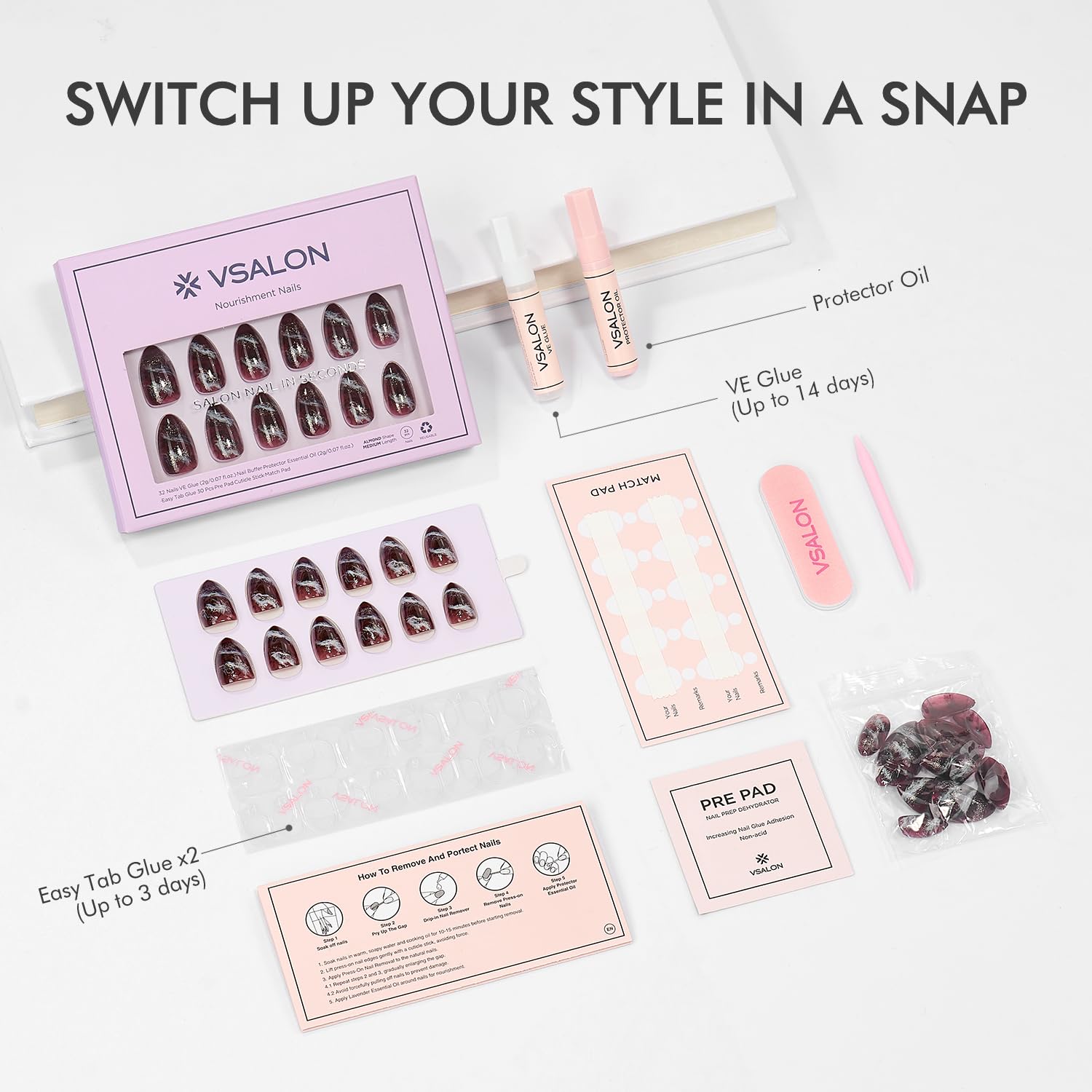 VSALON Press on Nails Short Almond - Brown Marble Glitter Glue On Nails Kit for Women, Reusable Opaque Salon Quality Swirl Fake Nails - 32 PCS Stick on Nails in 16 Sizes with Glue & Cuticle Oil