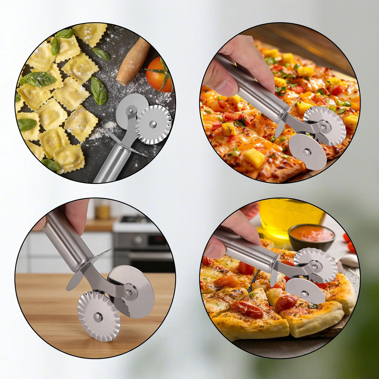 3pcs Pastry Wheel Cutter Set, Stainless Steel Ravioli Pizza Cutter Wheel & Fluted Pasta Crimper with Ergonomic Handle for Dough Pie Kitchen Tools Accessories Supplies (Silver)