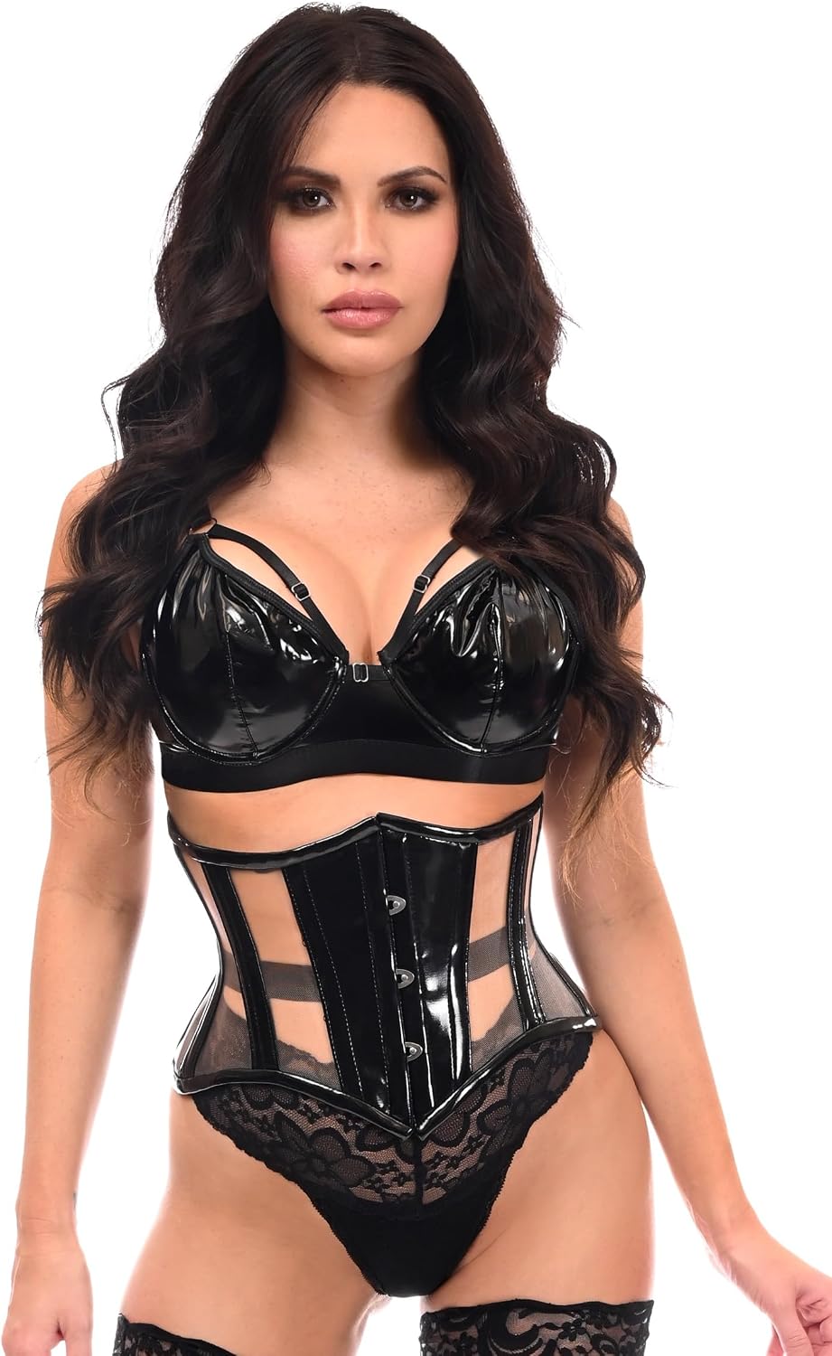 Daisy corsets Women's Daisy Corsets Top Drawer Patent & Nude Mesh Steel Boned Mini Cincher Under Bust Corset