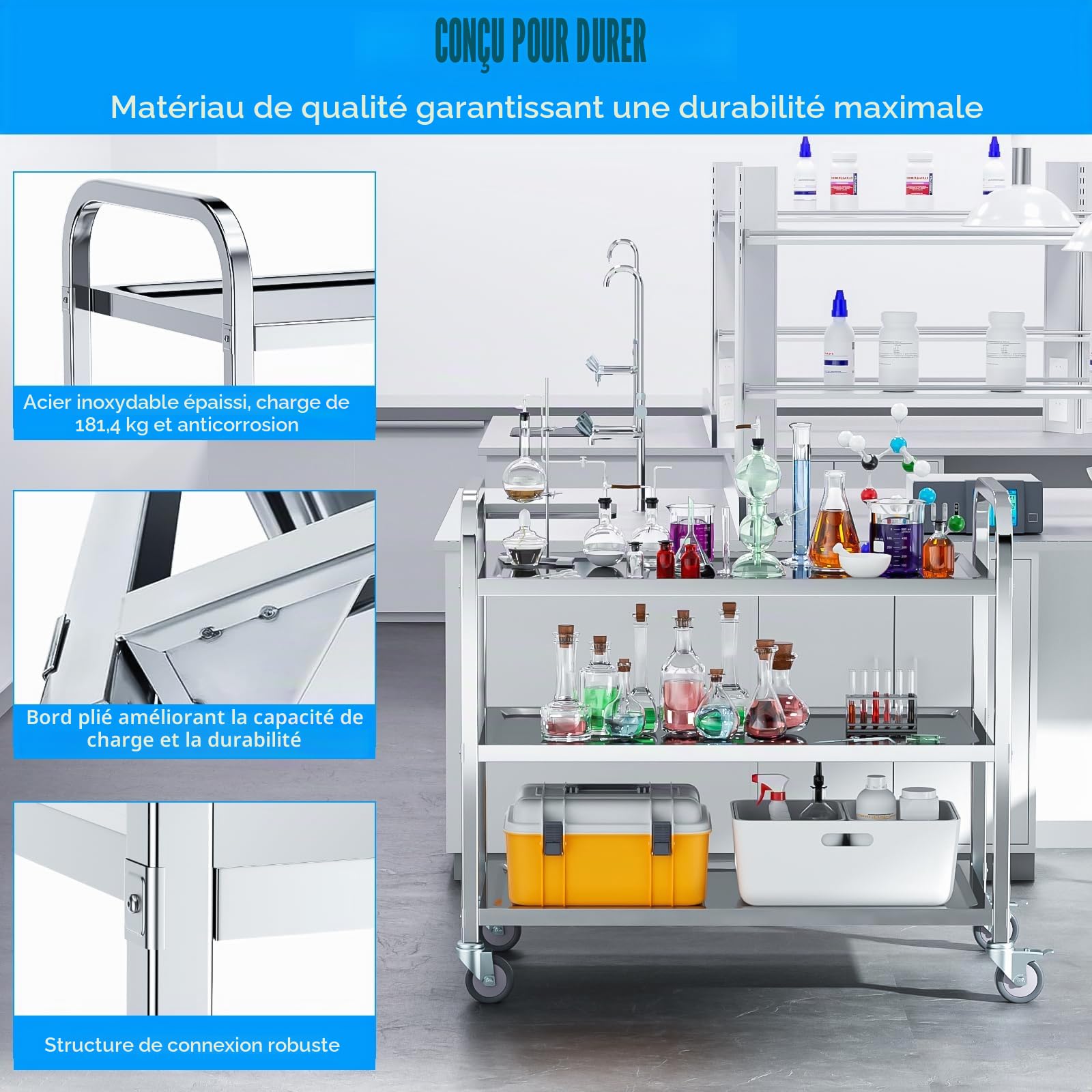 VELPAX Chariot de Service desserte de Cuisine à roulettes 3 étagères 95x50x95 cm Desserte, Déplacement Silencieux pour Rangement Clinique Cuisine Hôtel Salon de Beauté