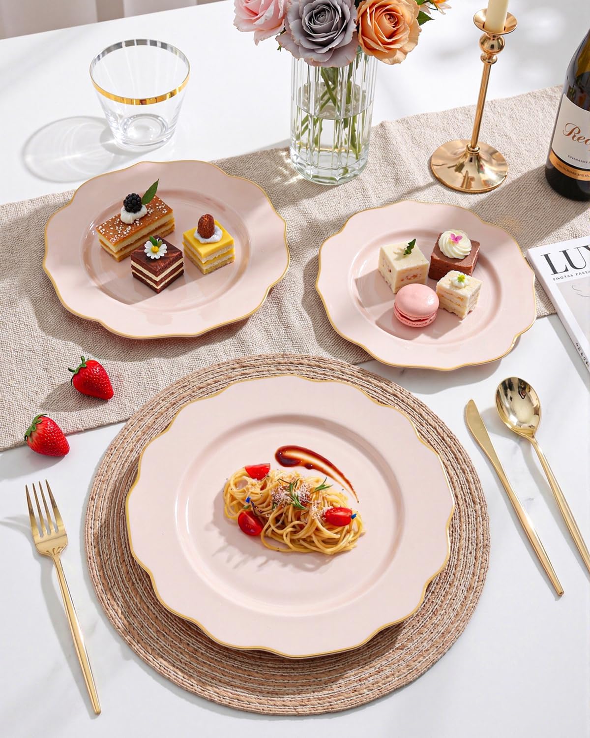 bUCLA 180PCS Pink Plastic Plates - Pink with Gold Rim Disposable for Party Include 30 Each (Dinner & Dessert) Plates, 30 Knives, 30 Forks, 30 Spoons, 30 Cups for Wedding, Easter, Birthday & Shower