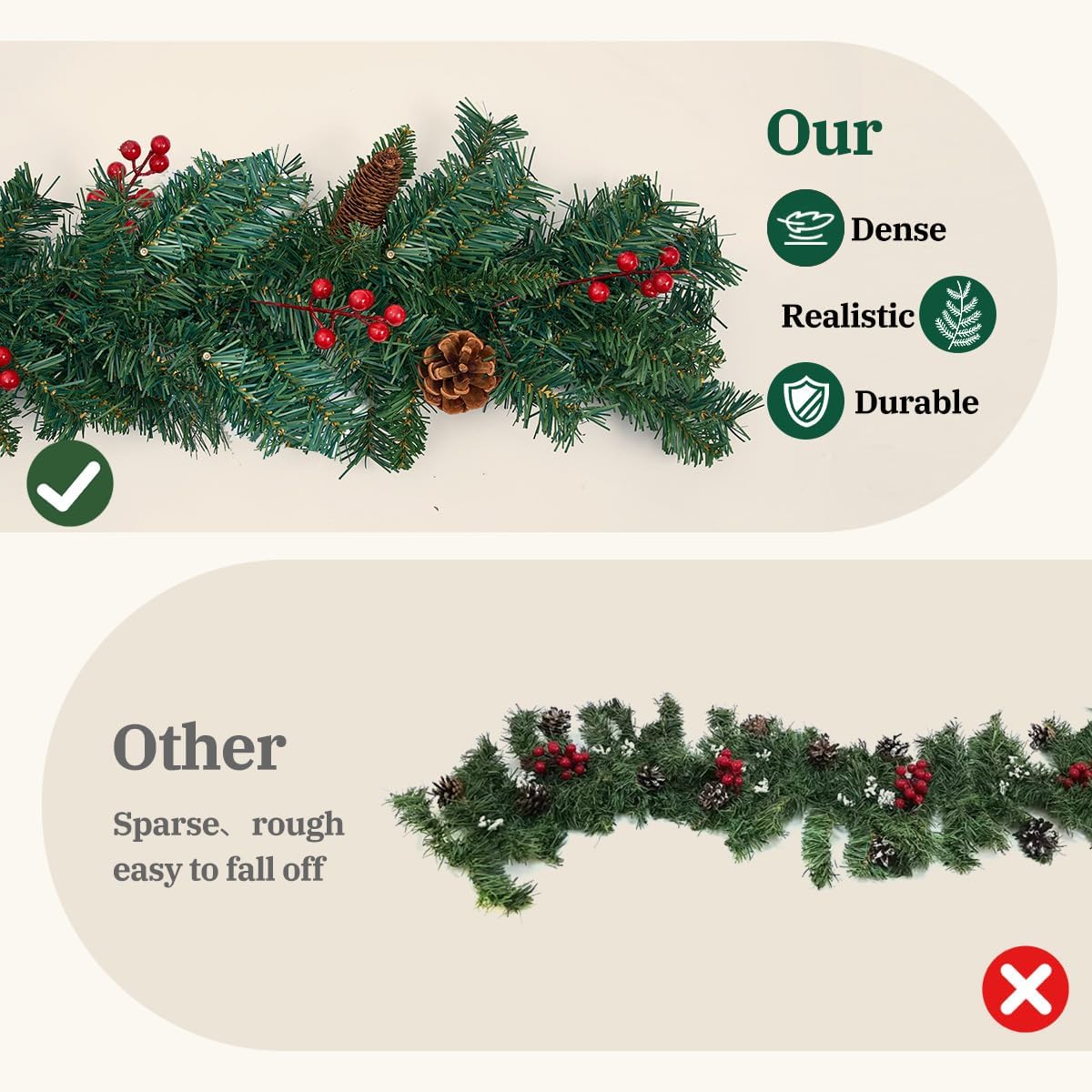 9FT Christmas Pine Garland with 50LED String Lights - Real Touch Decorated with Pine Cones Garland Christmas Decoration for Mantle Fireplace Holiday Home Indoor Outdoor