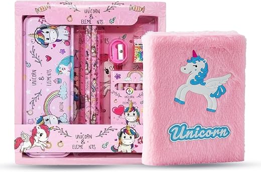 MINDFIT Unicorn Combo pack for Kids | Soft Furry Notebook with Stationery Set include Pencil Pouch, Geometry Box, Notepad,...
