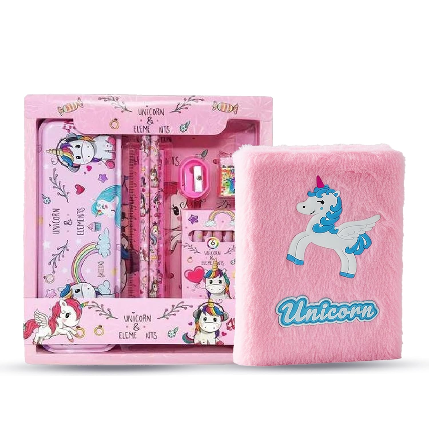 MINDFIT Unicorn Combo pack for Kids | Soft Furry Notebook with Stationery Set include Pencil Pouch, Geometry Box, Notepad,...