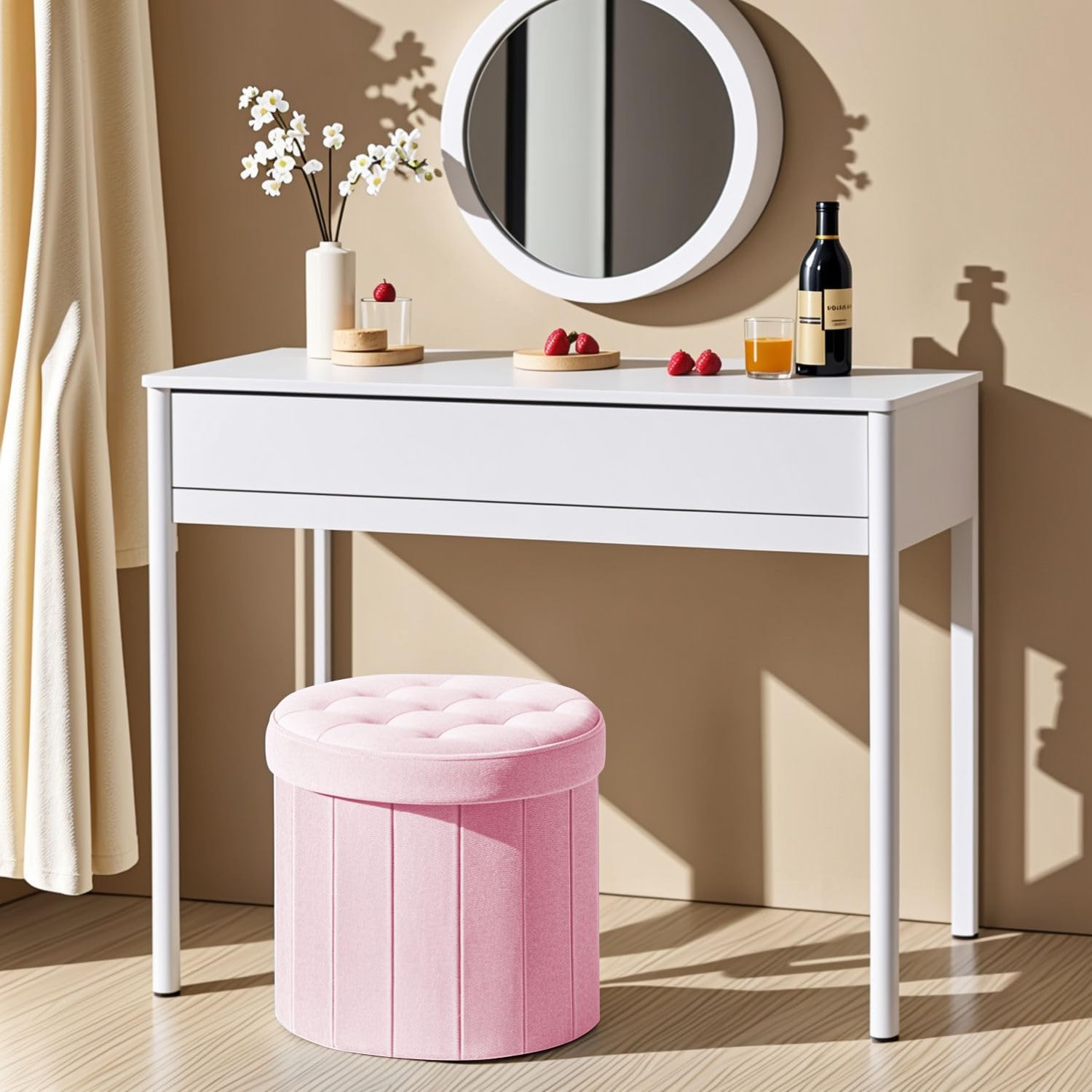 Bsketa® Folding Storage Ottoman Round 14" x 14" x 13"Inch Foot Stool with Thicker Foam Padded Seat Small Velvet Storage Ottoman Bench Foot Rest for Living Room Foldable Coffee Table(Pink) - Image 6