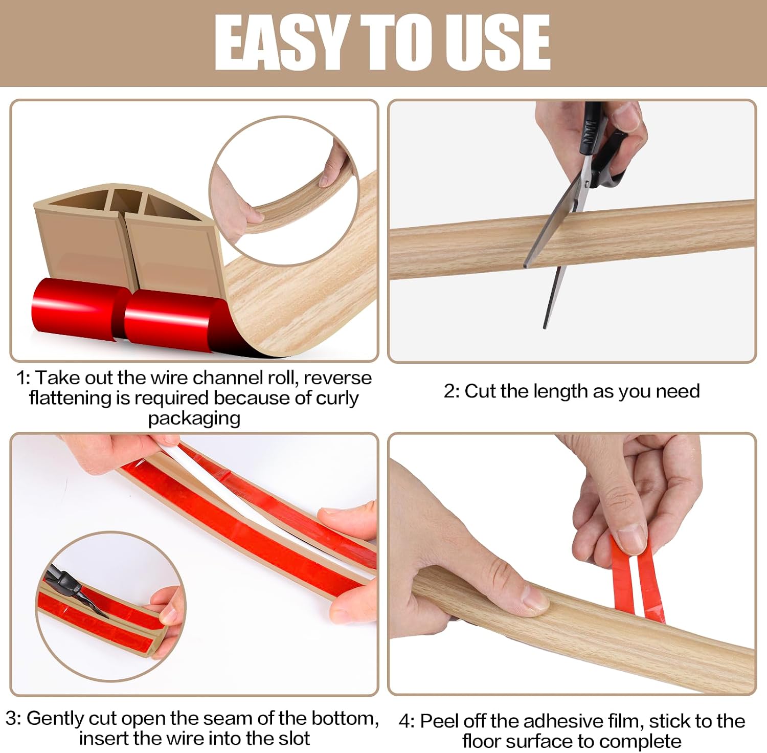 Floor Cord Cover Cavity 0.8"x0.37" Self Adhesive Cord Hider, 10FT Low Profile Cable Management, Extension Strip Protector for Wires, Prevent Cable Trips for Offices, Gyms,(Wood Light Yellow)