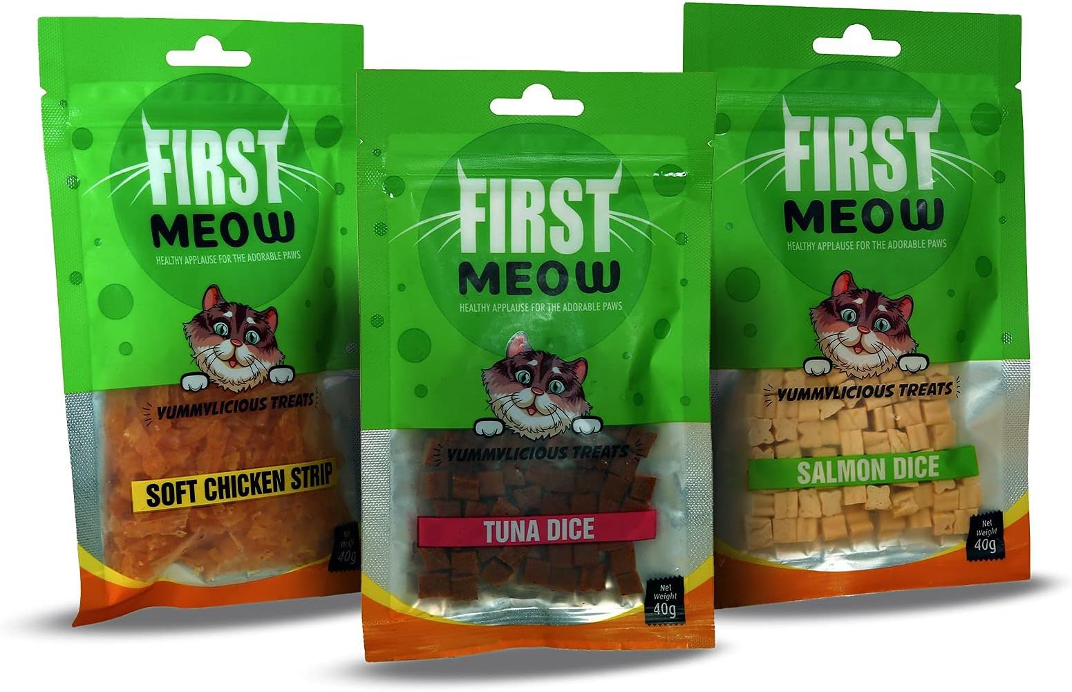 Cat Treats Combo Soft Chicken Strip x1 & Tuna Slice x1 & Salmon Dice x1 Sold by DogsNCats,All Life Stages