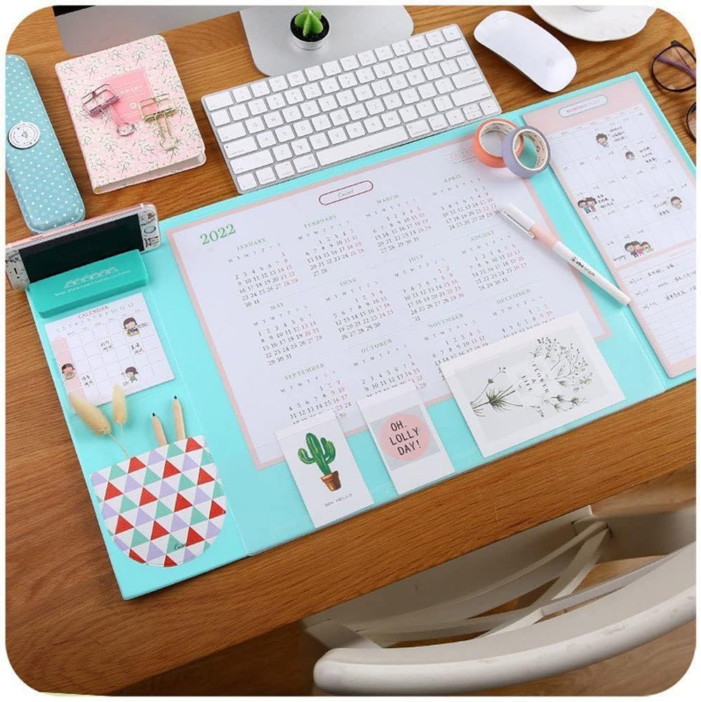 Desk Pad with Calendar, Aisakoc 25.6'' x 12.6'' Waterproof Desk Mouse Pad Multifunction Office Desk Mat with Phone Holder, Pockets and Planner Cards (Mint Green)