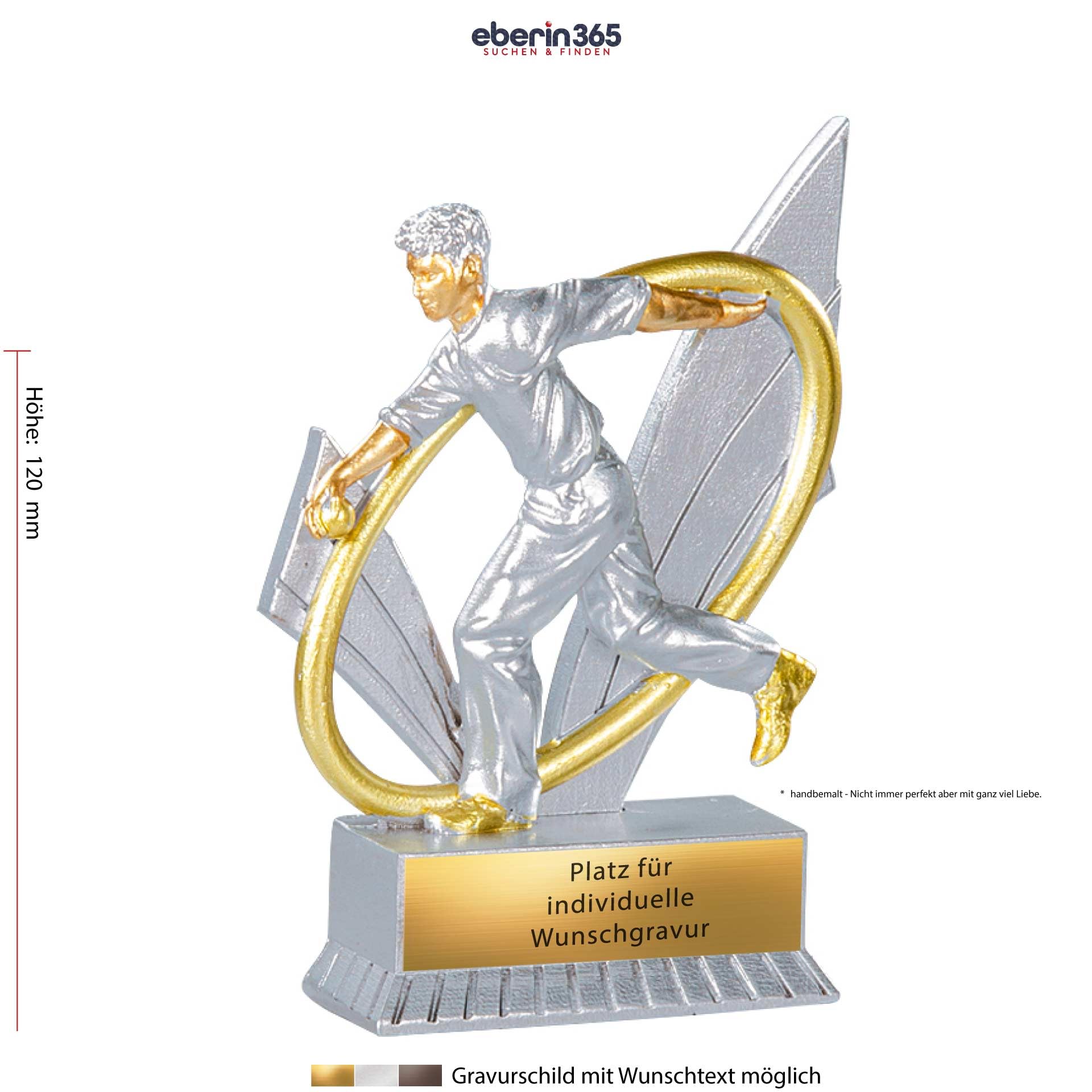 Trophée de pétanque XS de 12 cm | Joueur de pétanque en trophée | Prix Boccia Award | Prix de Bouleturnier | Joueur avec boule de pétanque argenté/doré | Bosseln Coupe avec texte au choix