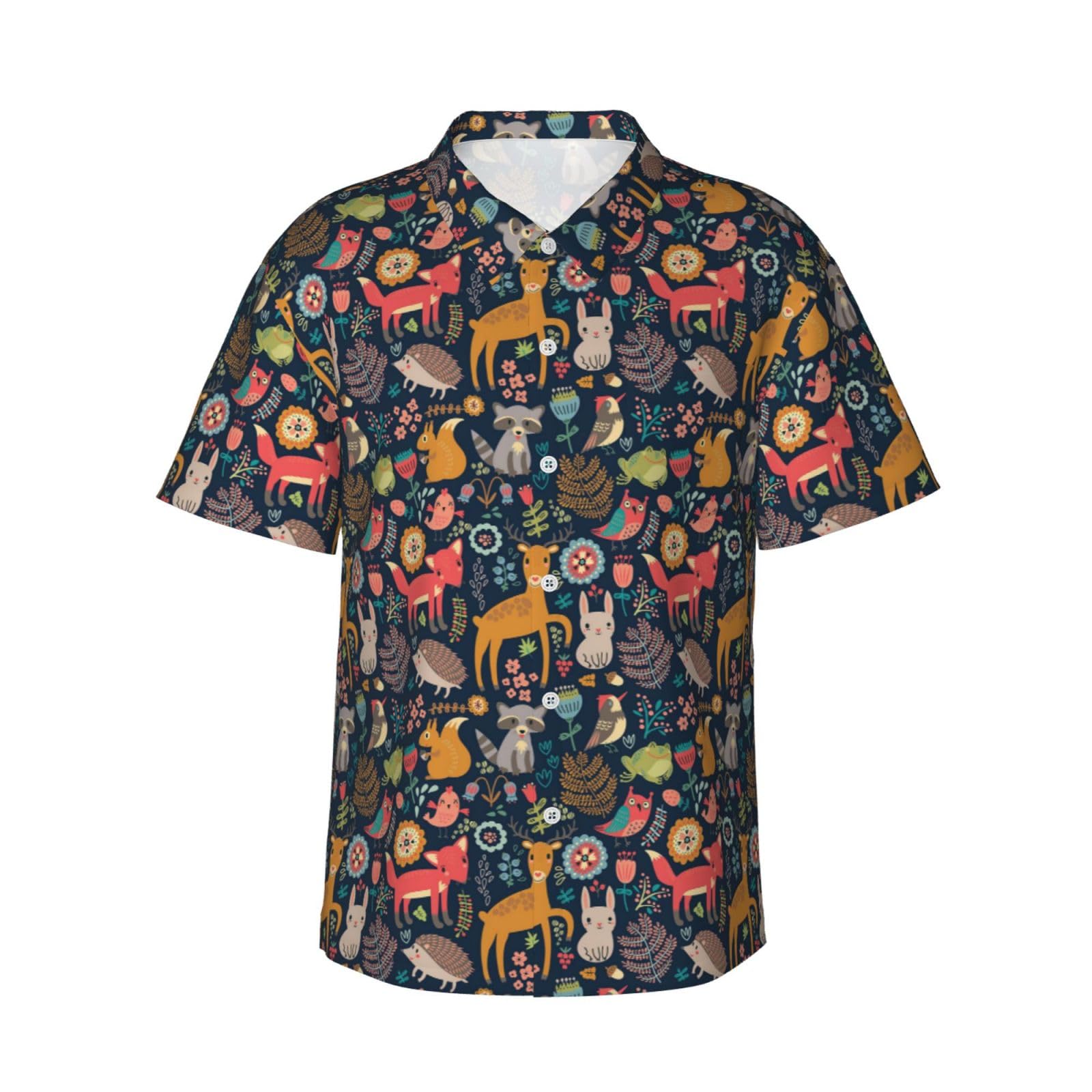 Esasam Men's Owl Rabbit Birds Fox Hawaiian Shirt Â€“ Tropical Print Button Down Short Sleeve Beach Shirt, Beach Party Shirt, Vacation Shirt, Short Sleeve Shirt, Casual Shirt