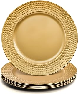Nicunom 12 Pack Gold Charger Plates, 13 Inch Round Charger Plates with Hammered Rim, Plastic Charger Plate for Wedding Dinner Party Event Decoration