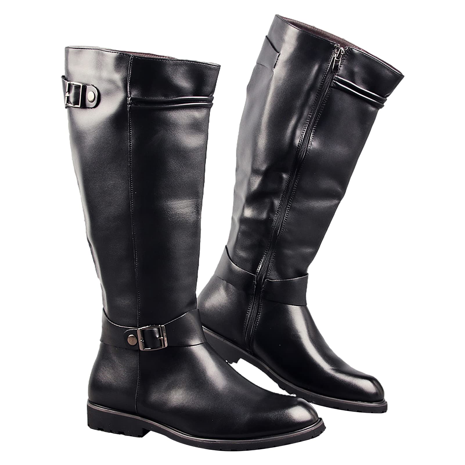 ANUFER Hommes Sous le Genou Bottes de Chevalier Cuir Microfibre Fermeture éclair Cowboy Bottes D'équitation