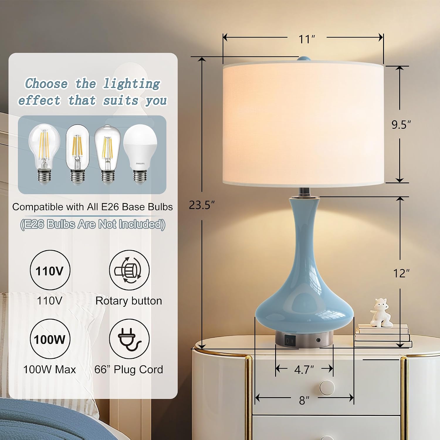 Maxax 24" Blue Table Lamp for Living Room, Modern Ceramic Lamp with USB C+A Ports, Coastal Blue Bedside Nightstand Lamp with White Shade for Bedroom Home Office
