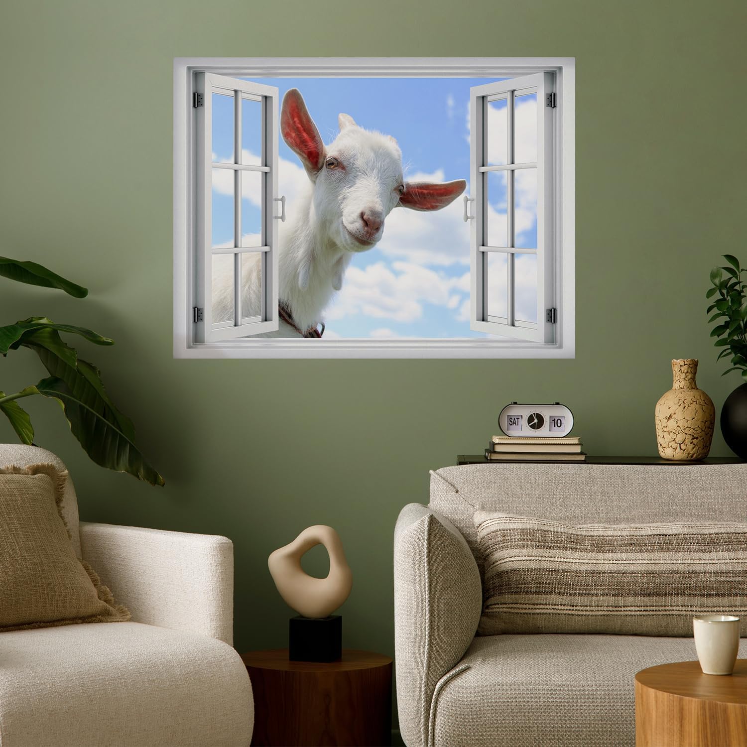 wall26 Removable Wall Sticker/Wall Mural Window View Baby Goat Sunny Farm Field Cloud Sky Animals Nature Photography Realism Wildlife Wilderness Portrait for Living Room, Bedroom, Office - 36"x48"