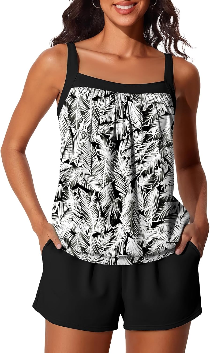 Summer Mae Blouson Womens Tankini Swimsuits 2026 Modest Tummy Control Bathing Suits Swim Shorts with Pockets for Beach