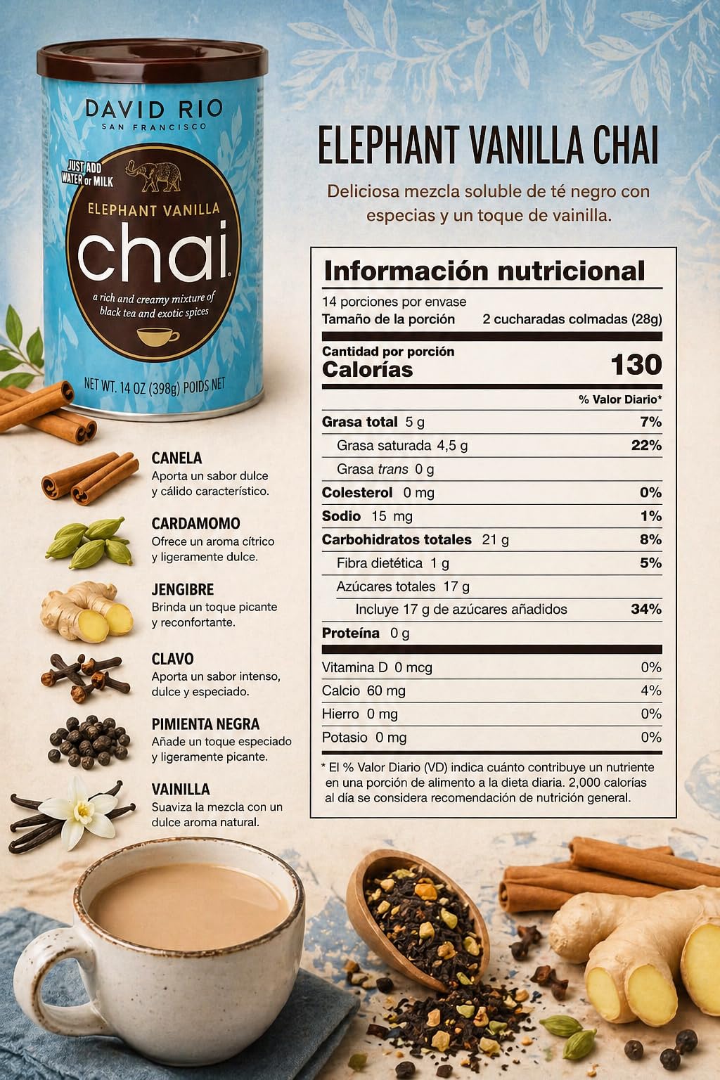 David Rio Elephant Vanilla Chai Latte 398g x2 – Té Chai Instantáneo Vainilla | Pack 2 Unidades | Bebida Soluble Premium | Sin Gluten | Chai Latte en Polvo