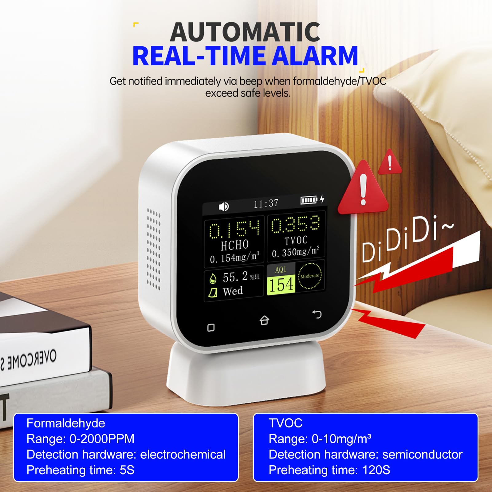 Medidor calidad aire formaldehído 5 en 1 air quality monitor Medición simultánea de HCHO y TVOC, la humedad del aire y la evaluación de riesgos, pantalla táctil 2,4", alerta automática.