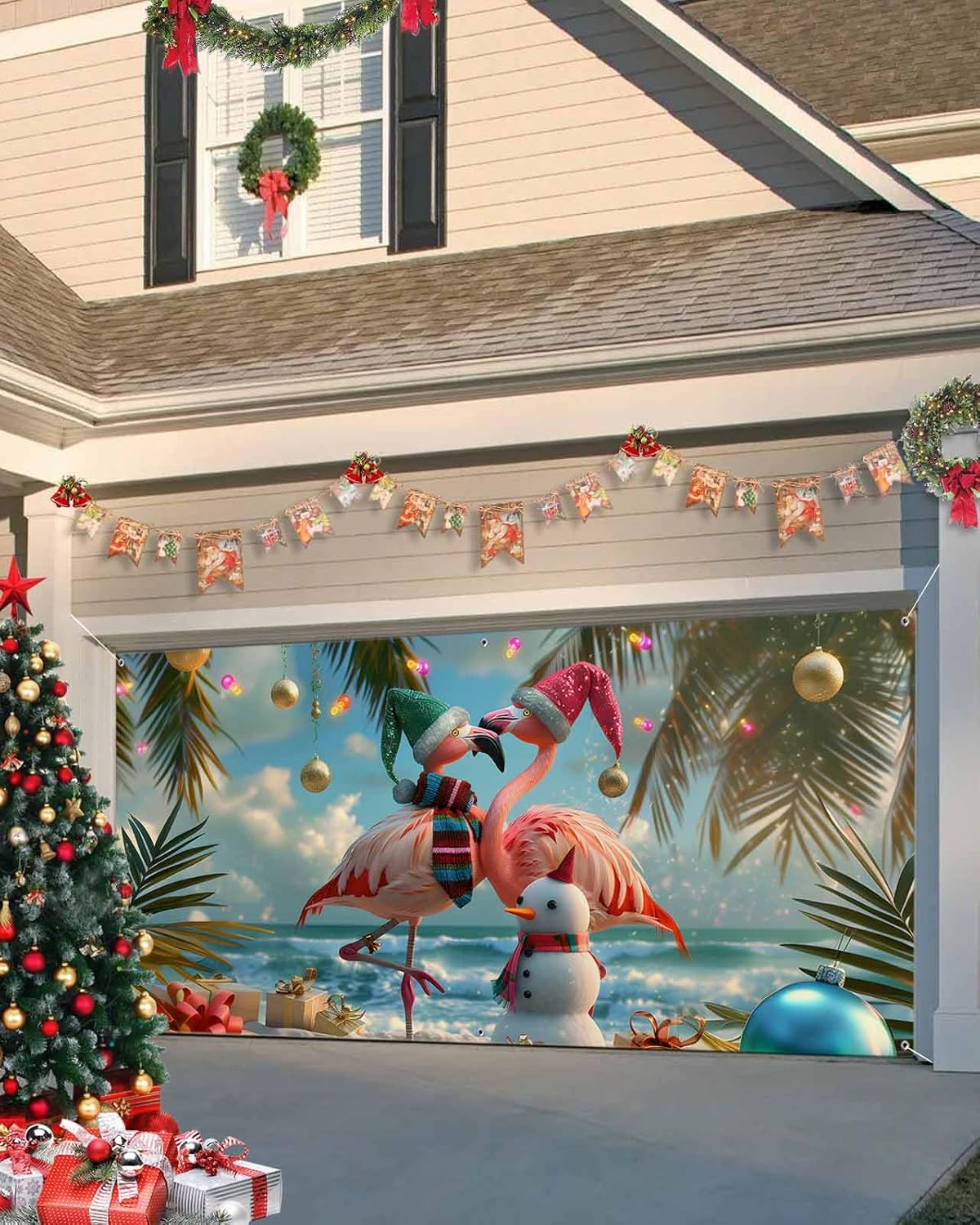 Christmas Beach Garage Door Banner Cover Decorations,Palm Tree Snowman Flamingo Blue Outdoor Hanging Garage Door Covers Christmas Thanksgiving Halloween Large Wall Backdrop for Holiday Party,6.8x16ft