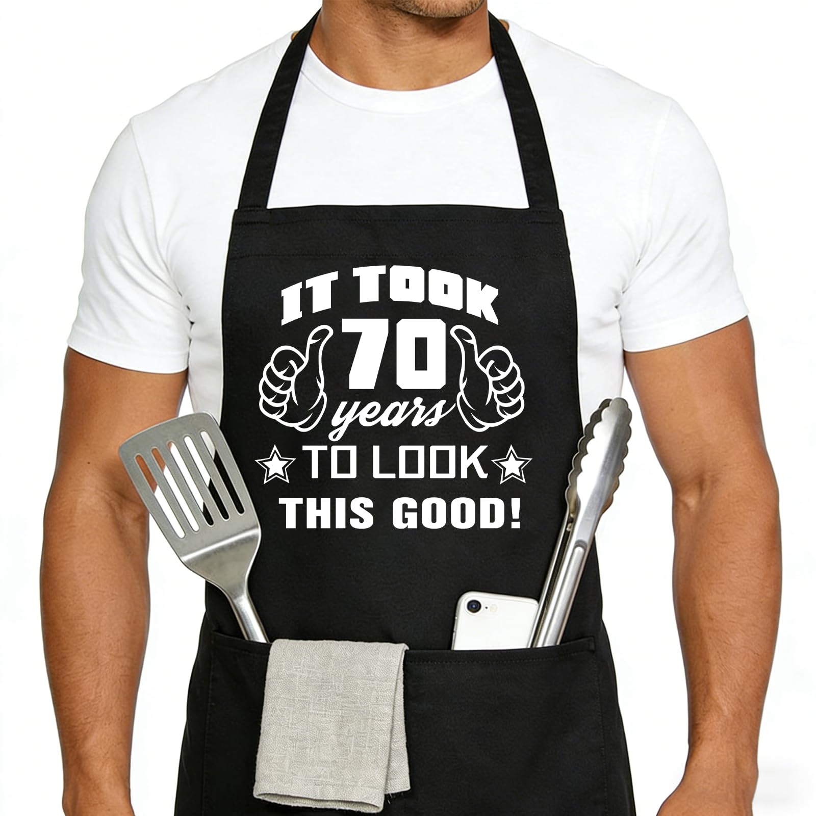 Cogavoo Men's Eu-Apron-70 Funny Apron Adjustable For Birthday Father’s Day Gifts,70Th Birthday Gifts For Kitchen Cooking Grill Bbq Aprons, Apron Gifts For Husband Wife Friends, Kitchen Chef Aprons With 2 Pockets
