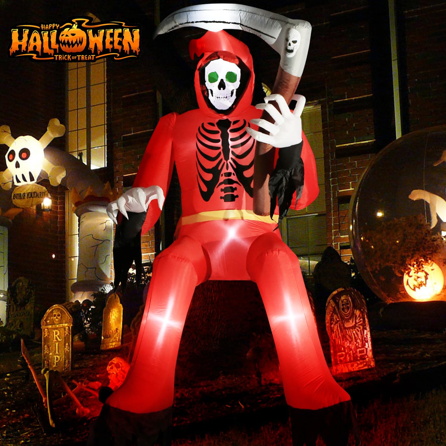 Elegear 8.9FT Outdoor Halloween Inflatables Grim Reaper Wields a Scythe, Blow Up Yard Decorations Build-in LED Lights Inflatables Ghost with Red Hoodie Sits in The Garden, Halloween Decor for Holiday