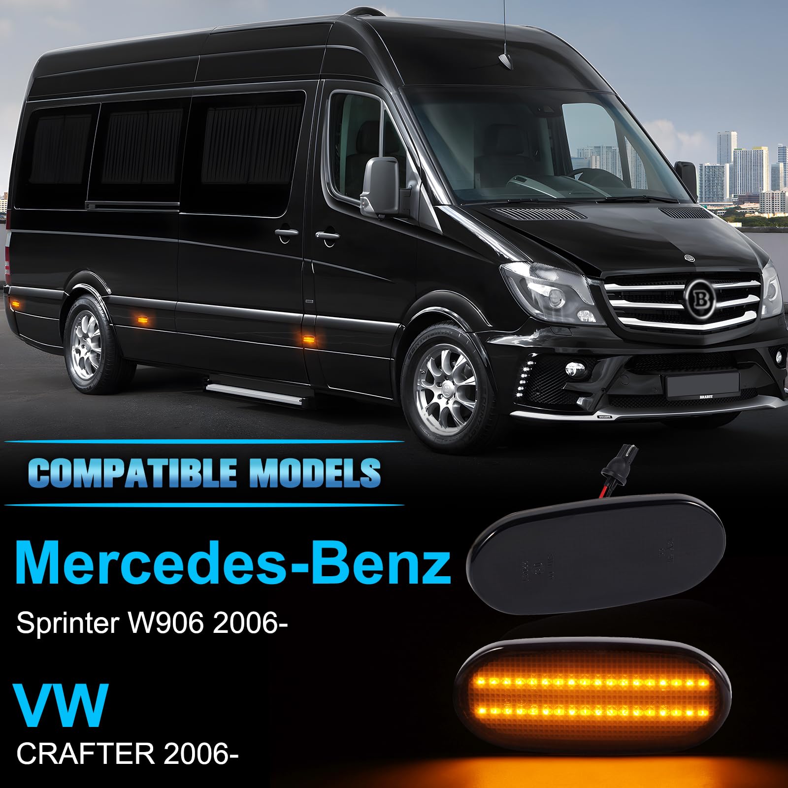 POPMOTORZ LED Intermitentes Laterales para Mercede-s Benz Sprinter W906 VW C-rafter, LED Luces Laterales con Canbus Sin Errores 2835 SMD Negro, 6 Piezas