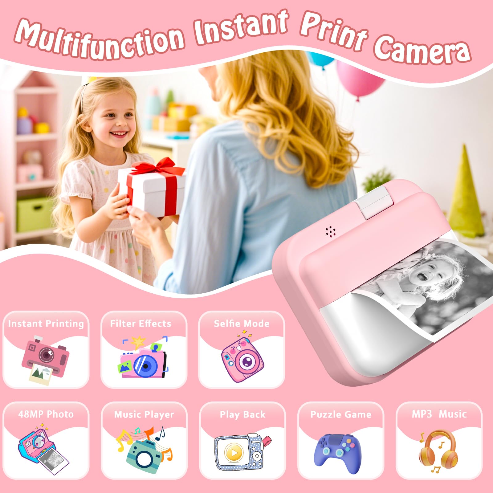 Teoryieer Cámara de Fotos Instantánea, Pantalla HD de 2.0 Pulgadas y 48 MP, 1080P cámara de Fotos Infantil, Tarjeta de 32 GB y 3 Rollos de Papel de Impresión, Ideal para Niños de 3 a 12 Años (Rosa) — view 2