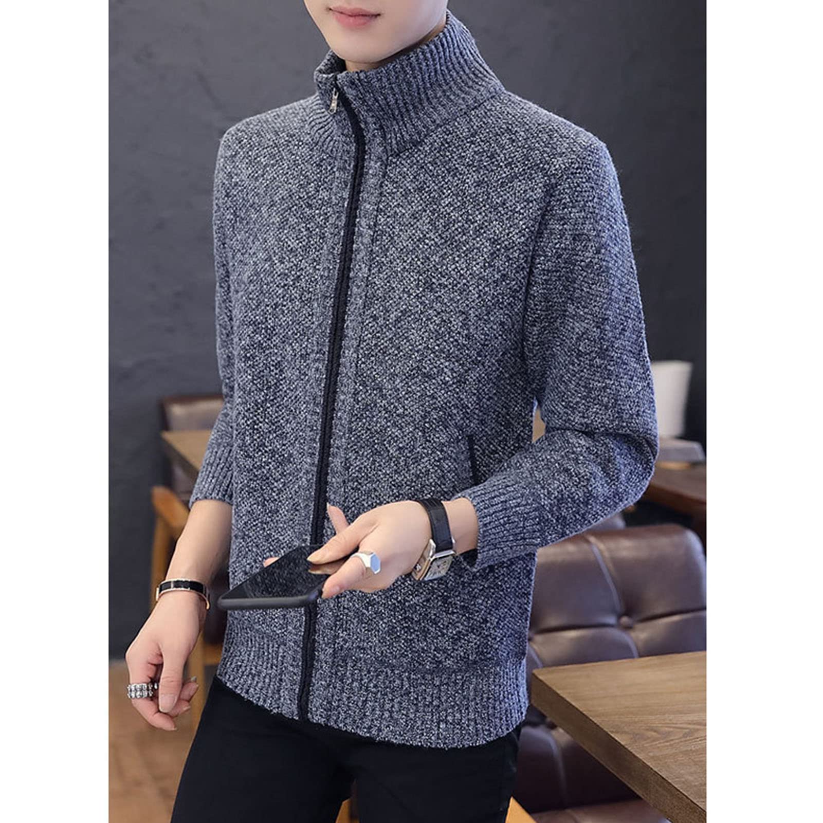 Maiyifu-GJ Men's Full Zip Cardigan Sweater Soft Slim Fit Sweaters with Pockets Stand Collar Lightweight Warm Coat (Blue,Large)