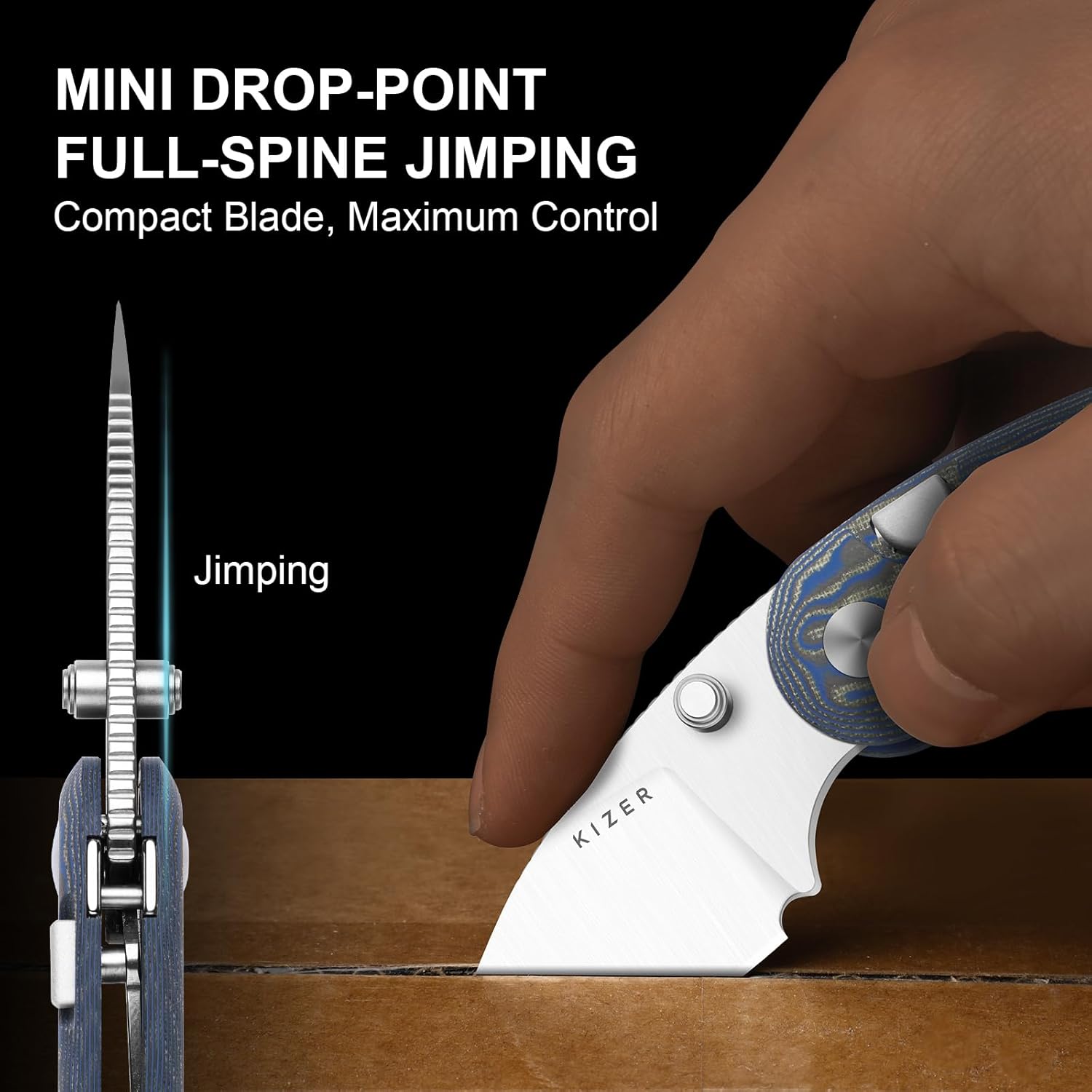 Kizer Microbe EDC Pocket Knife, 2.19" 14C28N Steel Drop Point Folding Knife with Blue vortex pattern micarta Handle, Thumb Hole Opener Button Liner Lock, Pocket Knives for Camping Hiking V2742A6