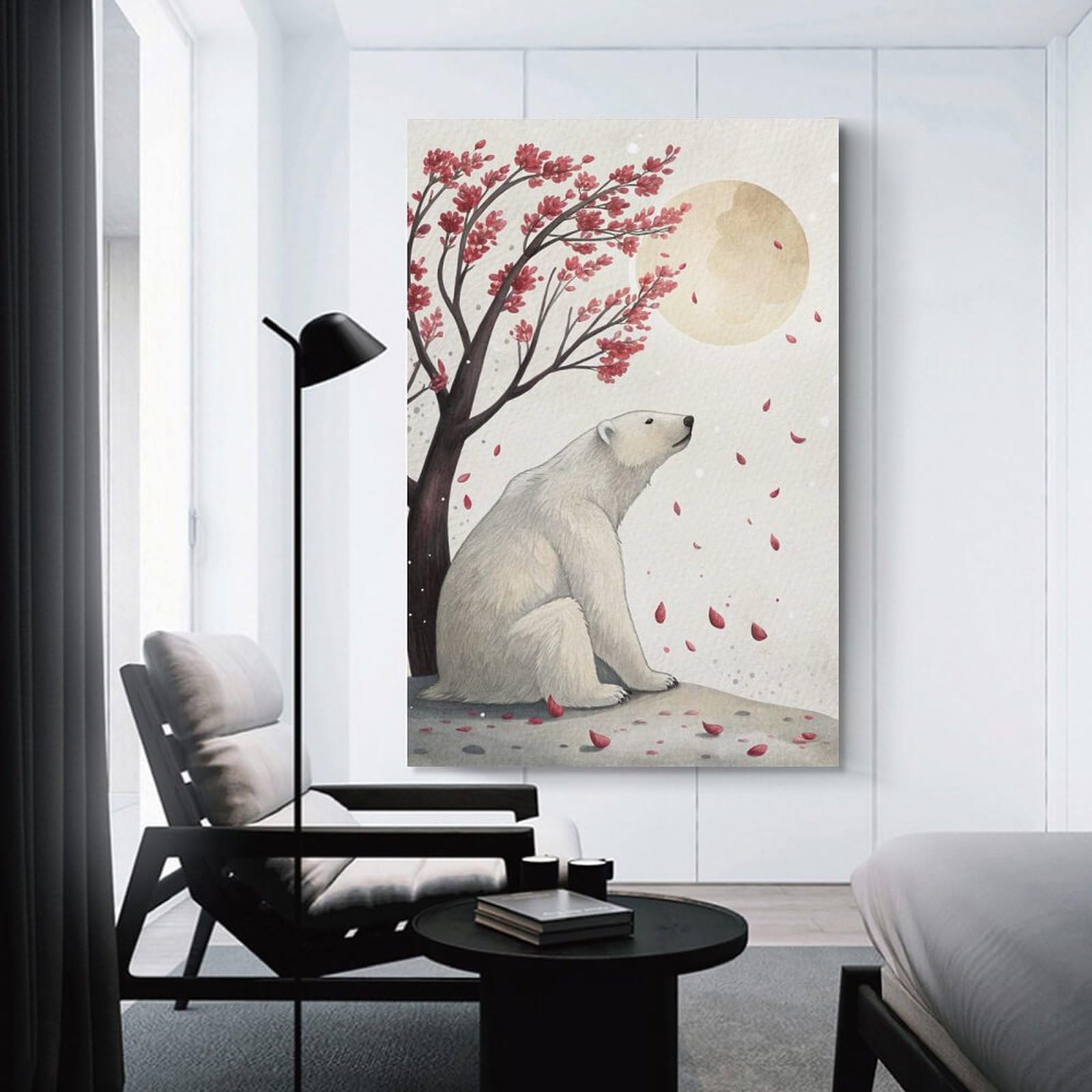 Junmoney Polar Bear Under Cherry Blossoms Home Decor Wall Art 12x18inch(30x45cm), for Art Walls, Layered Displays Or Homes, A Versatile Canvas Print for Layering