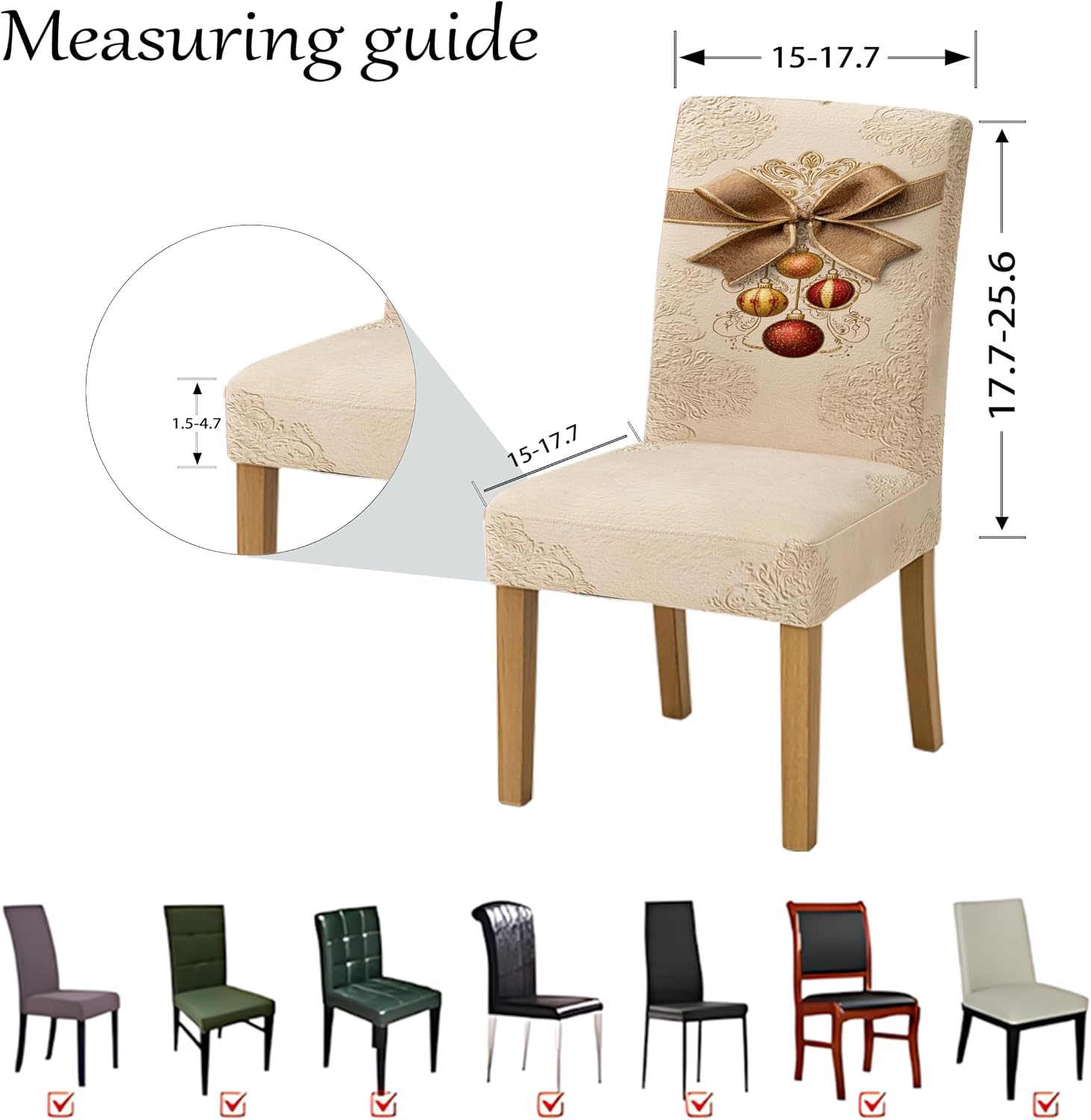 Mother's Day Chair Covers Set of 4, Elegant Ivory Embossed Stretch Dining Chair Slipcovers with Gold Bow, 15.75x19.69in, Removable Washable