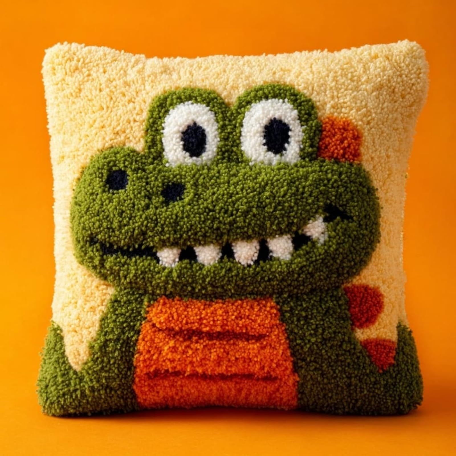 AxiangziK Latch Hook Cushion Kit 43x43cm,Cartoon Dinosaur Complete Needlecraft Set with Pre-Cut Yarn & Tools,Creative Home Decor Gift for All Ages