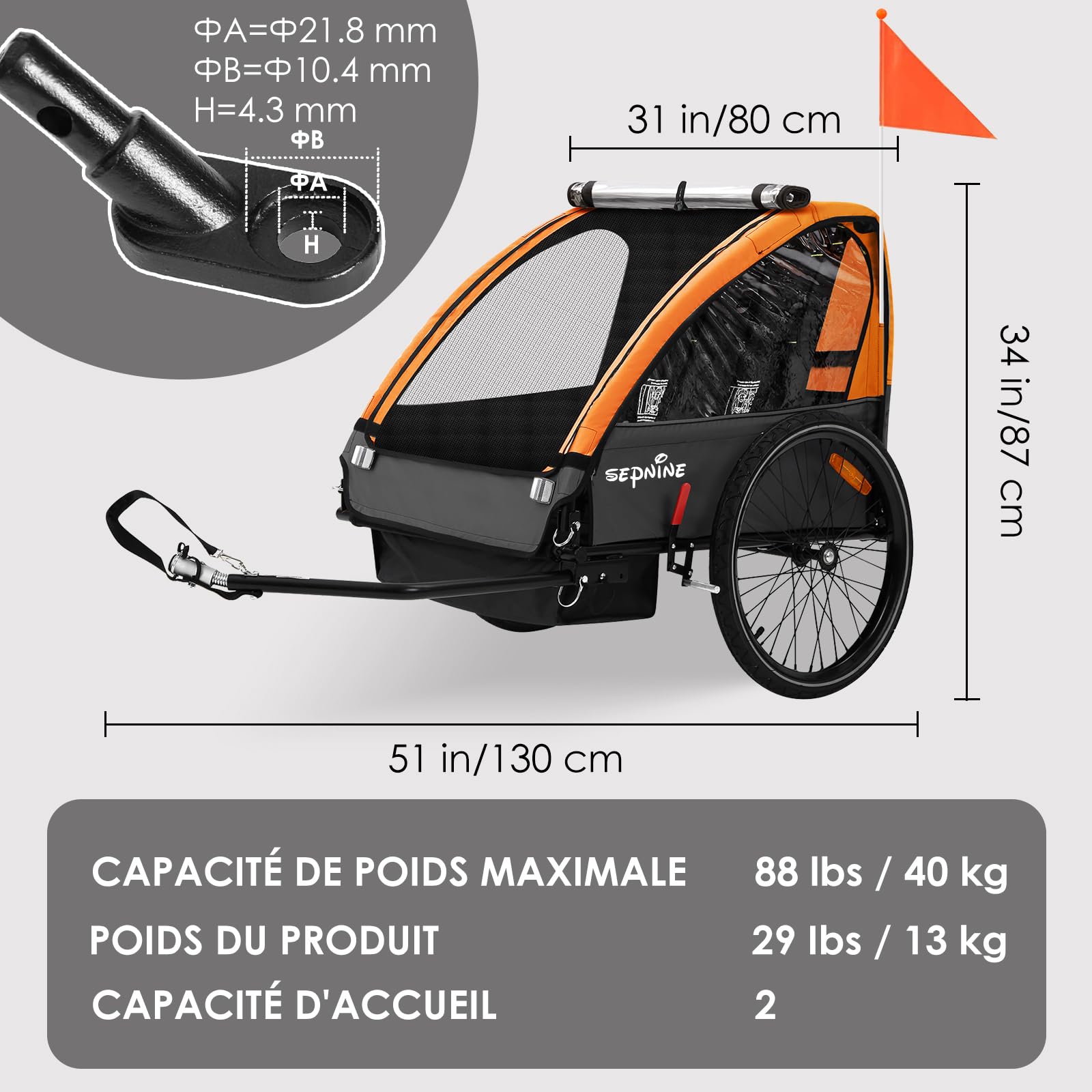 SEPNINE Remorque vélo Enfant, Remorque Enfant,Biplace Enfants Tout-Terrain Pliable avec Frein à Main Orange