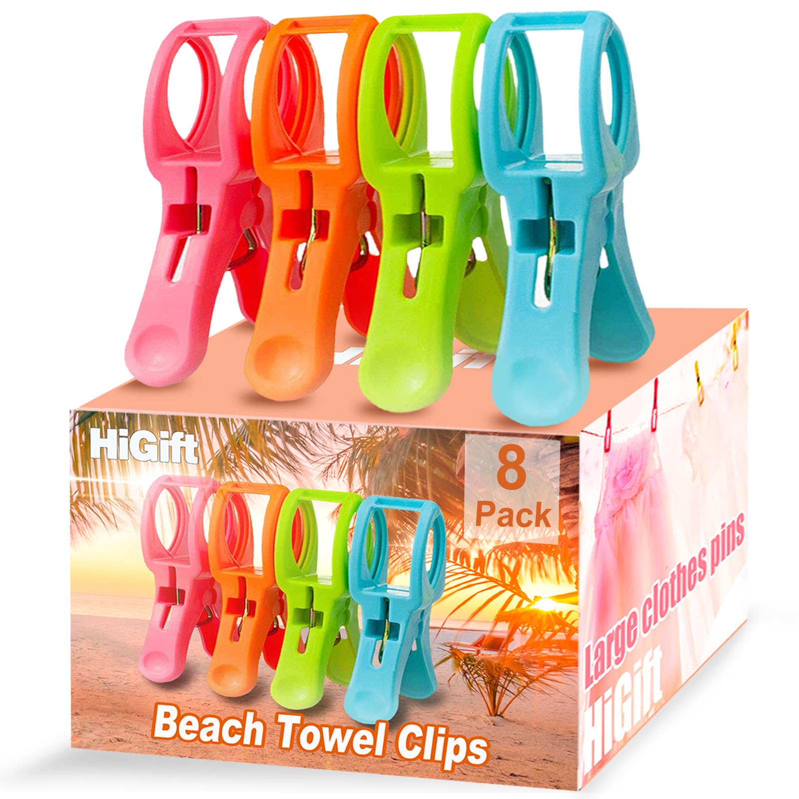 HiGift 8 Pack Beach Towel Clips for Beach Chairs Cruise Chairs Jumbo Size,Heavy Duty Pool Towel Beach Chair Clips for Towel Holder for Pool Chairs Lounge in Bright Colors-Stop Towels from Blowing Away