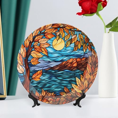 Miniatura 6 de Platos decorativos de noche de arce de otoño con diseño de vidrieras, platos de cerámica para decoración del hogar, platos de cena de temporada de