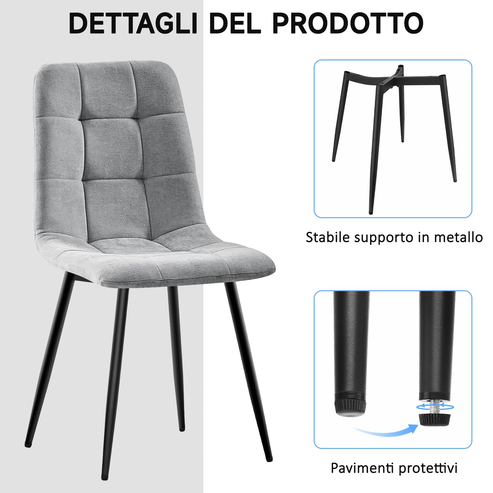 Set Di 4 Sedie Da Pranzo,Sedia Da Cucina Con Piedi In Metallo Nero,Sedie Imbottite Con Tessuto Di Lino,Sedia Da Camera Da Letto Salotto Soggiorno,Gray