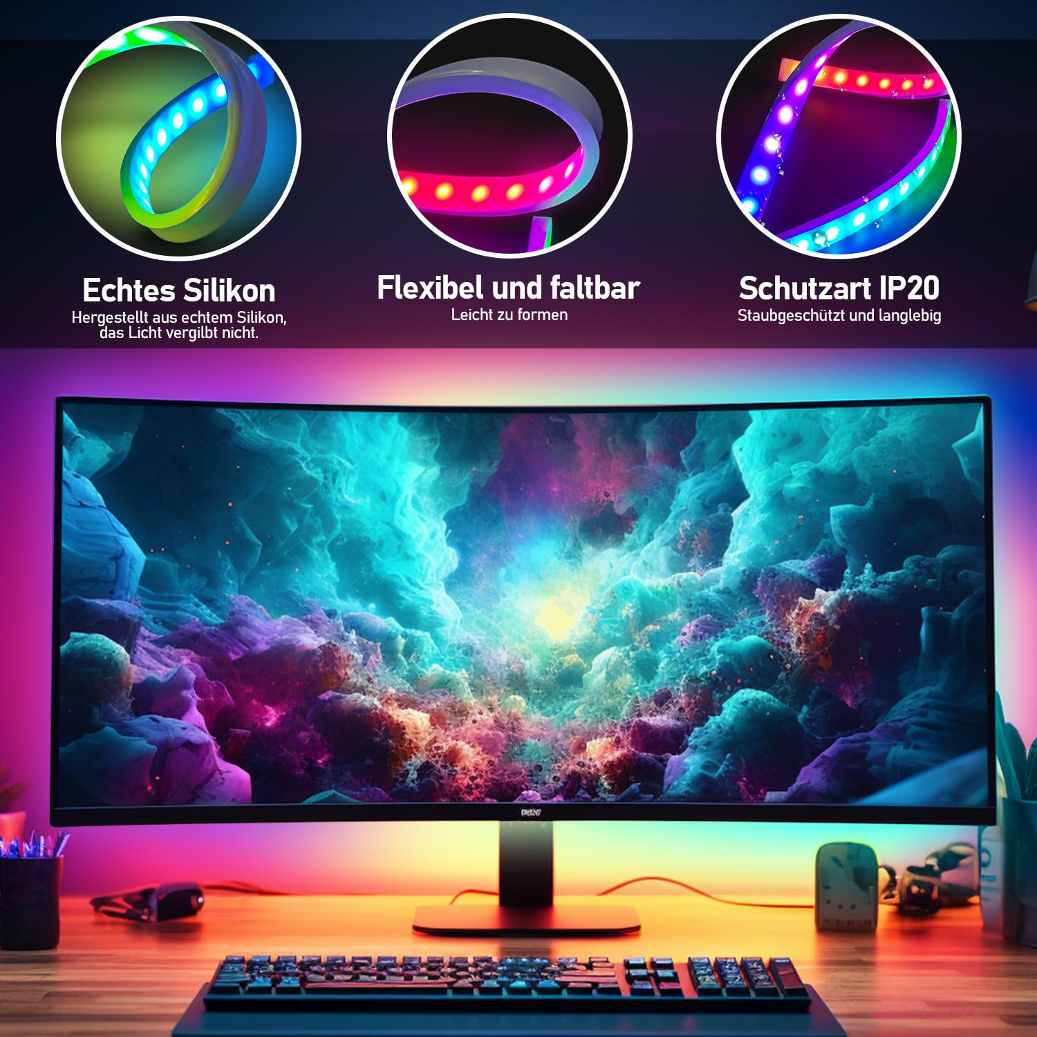 Neon LED Strip RGBIC PC Monitor Hintergrundbeleuchtung,USB LED Streifen für 32 Zoll PC,Led Strip mit SKYDIMO App-Steuerung,Sync für Musik,Filme,Spiele,2 Stück[Energieklasse F]